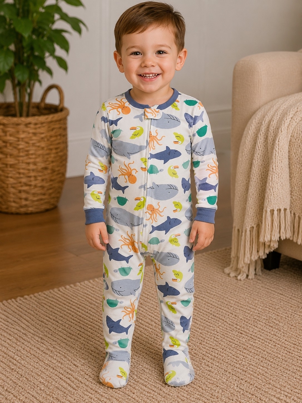 Toddler Sea Life Footed One-Piece Pajamas - White with Blue Trim